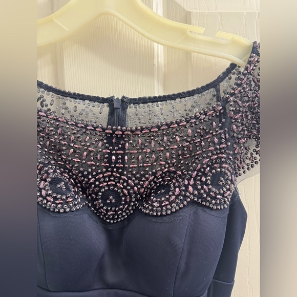 Xscape Navy Dress with Beaded Shoulders - Picture 5 of 13